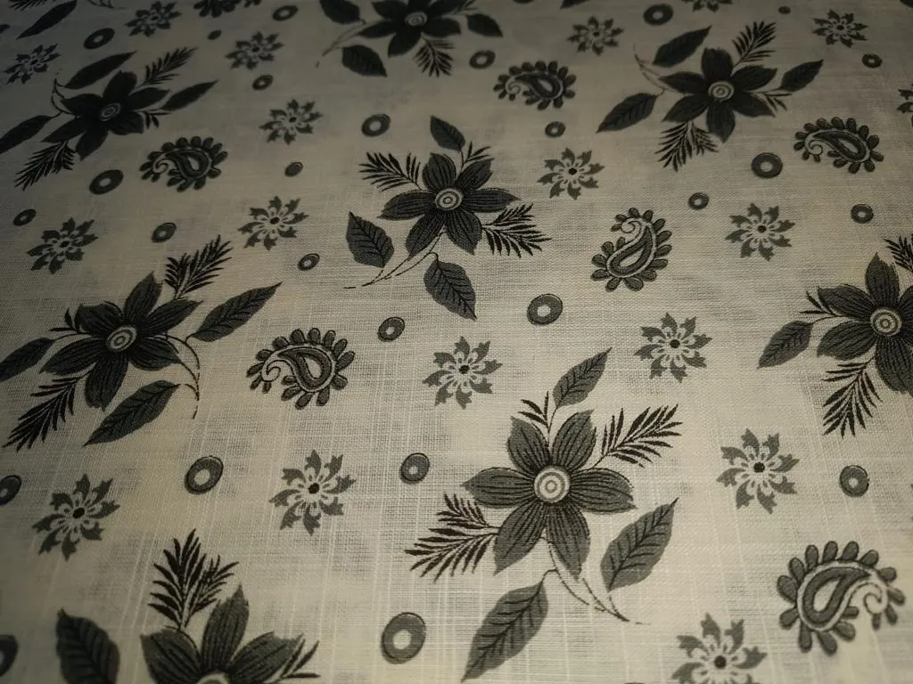 100% Cotton slub Fabric Print ,cream and black floral and paisleys 44" wide [15596]