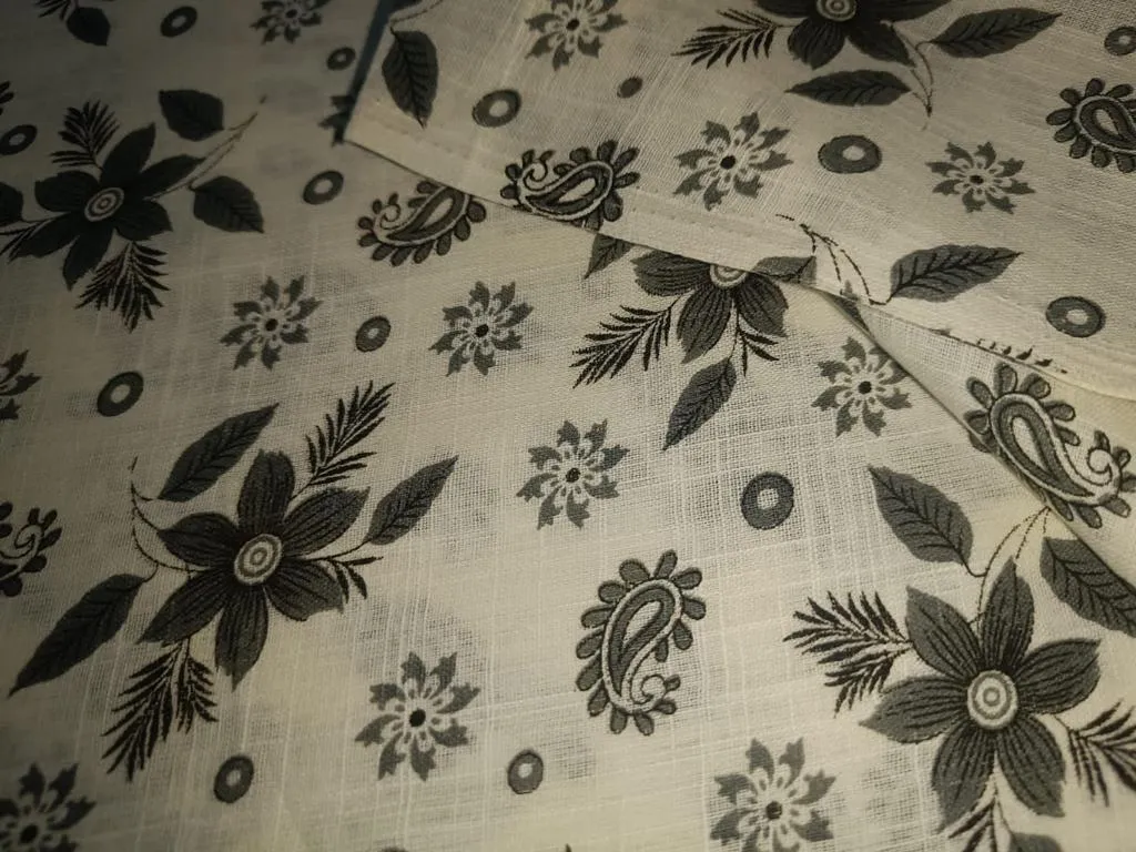 100% Cotton slub Fabric Print ,cream and black floral and paisleys 44" wide [15596]