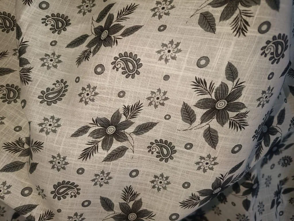 100% Cotton slub Fabric Print ,cream and black floral and paisleys 44" wide [15596]