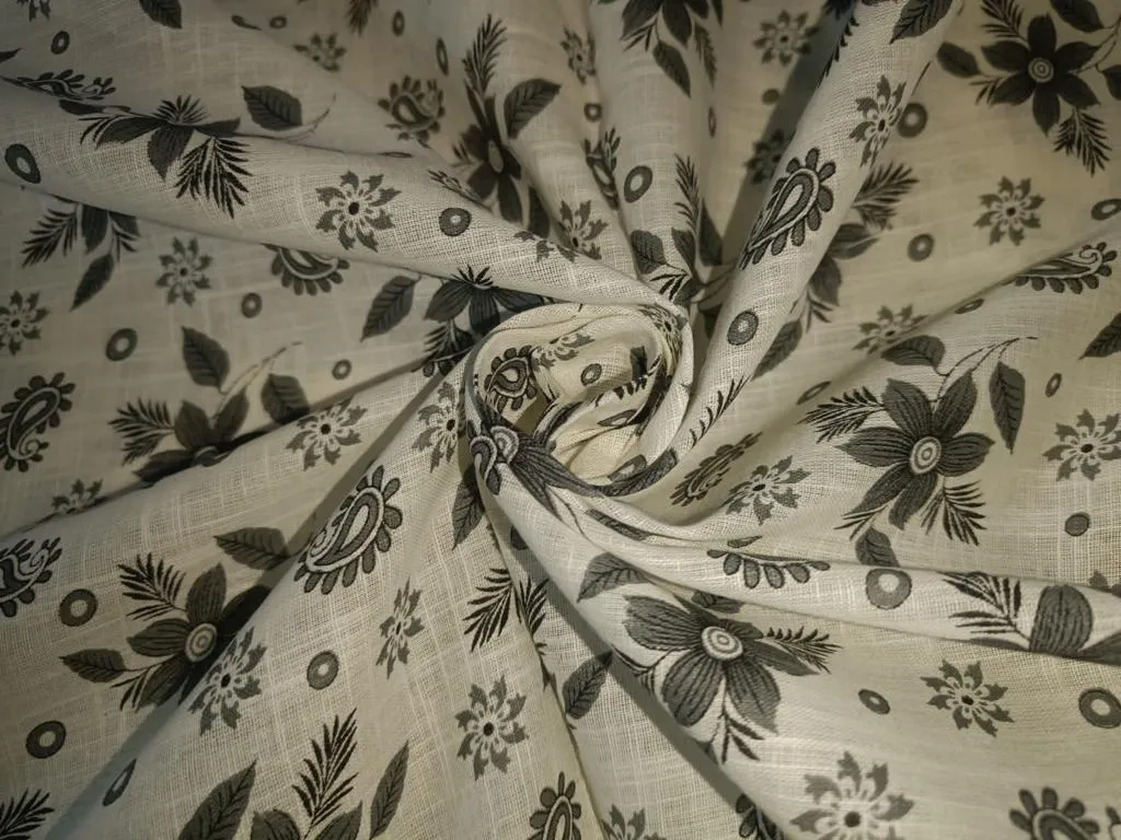 100% Cotton slub Fabric Print ,cream and black floral and paisleys 44" wide [15596]