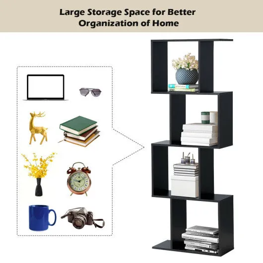 2/3/4 Tiers Wooden S-Shaped Bookcase for Living Room Bedroom Office-4-Tier
