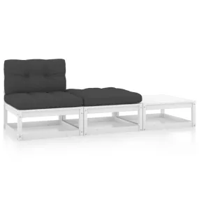 3 Piece Garden Lounge Set with Cushions White Solid Pinewood