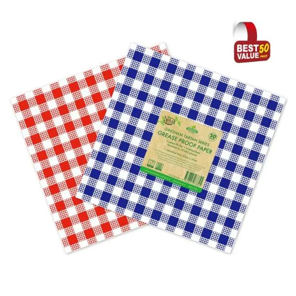 50 Pack Gingham Tartan Series Grease Proof Paper - 25cm x 25cm