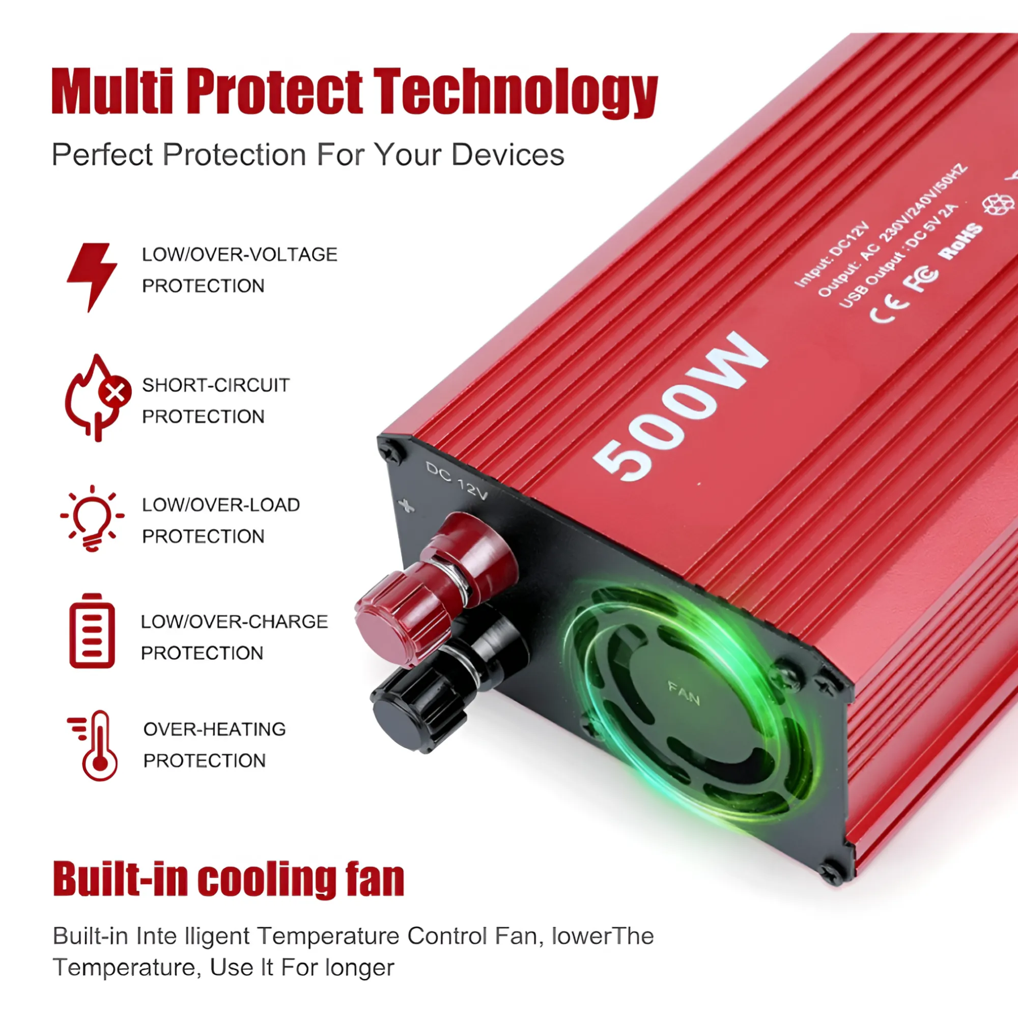 500W 12V Load Sheddding Power Inverter With Terminals And Car Charging