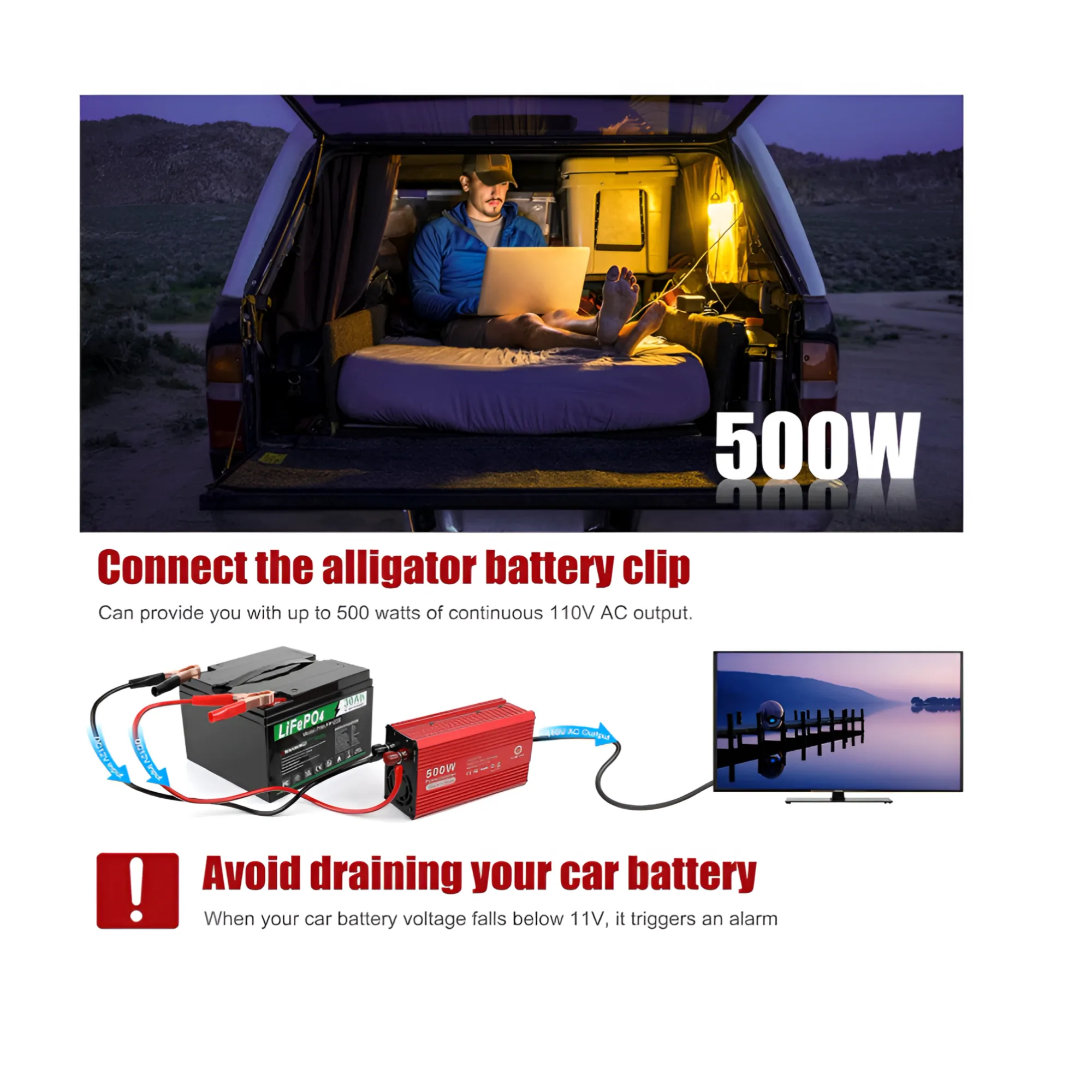 500W 12V Load Sheddding Power Inverter With Terminals And Car Charging