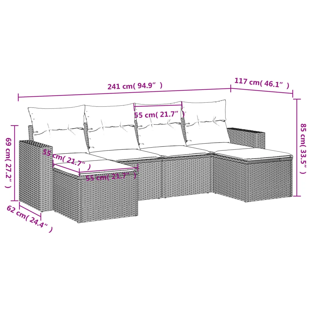 6 Piece Patio Sofa Set with Cushions Black Poly Rattan
