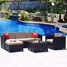 6PC Patio Furniture Set Outdoor All-Weather Wicker Sectional Set