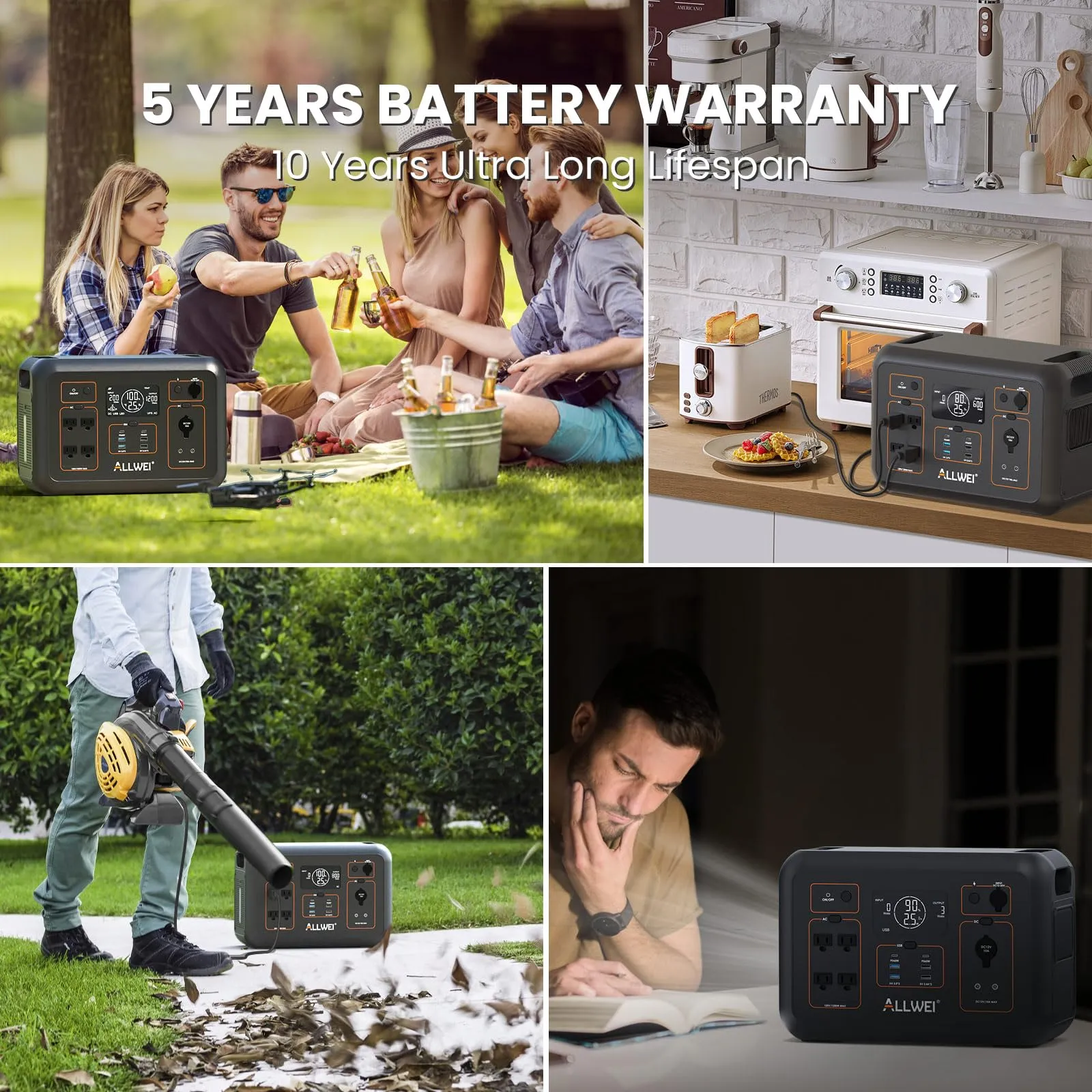 ALLWEI LiFePO4 Portable Power Station 1200W(Peak 2400W), 1008Wh Solar Generator, 0-80% in 60Min, 4 * 120V AC Outlets, Battery Power Generator for Outdoor RV Van Camping Off-grid Home Emergency