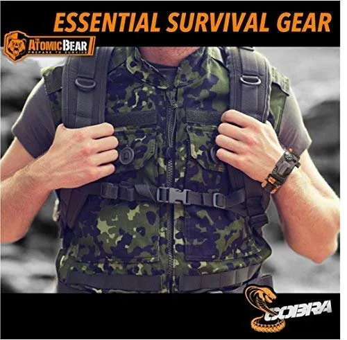 Atomic Bear Paracord Bracelet (2 Pack) - Adjustable Size - Fire Starter - Loud Whistle - Emergency Knife - Perfect for Hiking, Camping, Fishing and Hunting - Black & Black Orange