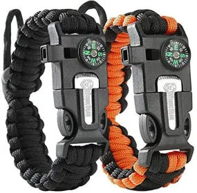 Atomic Bear Paracord Bracelet (2 Pack) - Adjustable Size - Fire Starter - Loud Whistle - Emergency Knife - Perfect for Hiking, Camping, Fishing and Hunting - Black & Black Orange