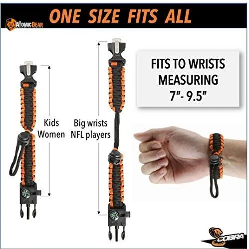 Atomic Bear Paracord Bracelet (2 Pack) - Adjustable Size - Fire Starter - Loud Whistle - Emergency Knife - Perfect for Hiking, Camping, Fishing and Hunting - Black & Black Orange