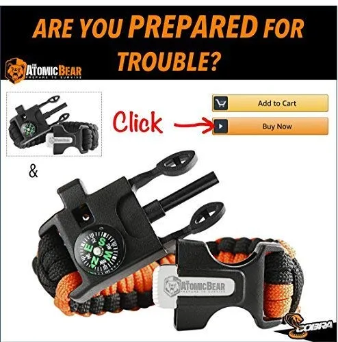 Atomic Bear Paracord Bracelet (2 Pack) - Adjustable Size - Fire Starter - Loud Whistle - Emergency Knife - Perfect for Hiking, Camping, Fishing and Hunting - Black & Black Orange