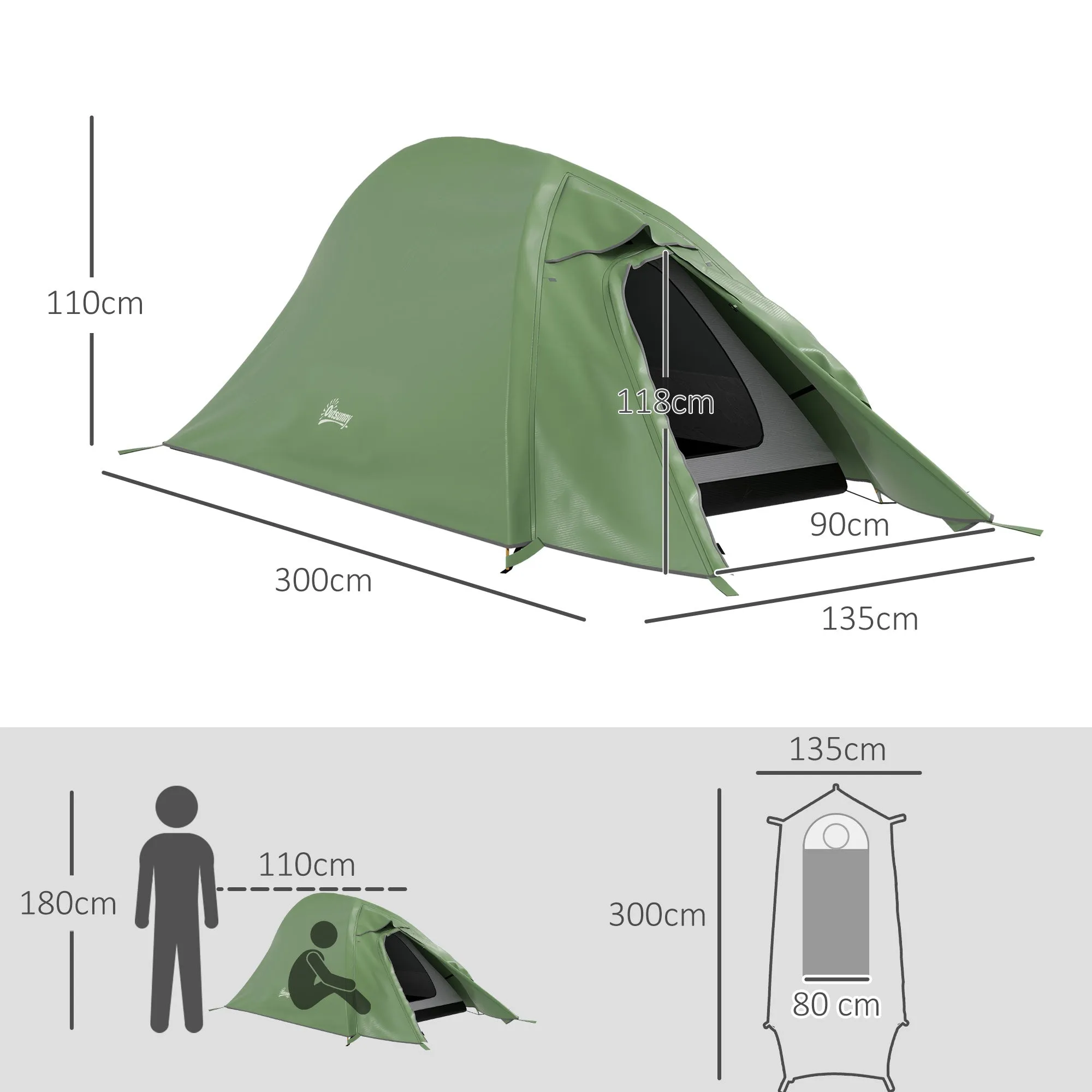 Double Layer Camping Tent 1-2 Man Backpacking Tent with Carry Bag 2000mm Waterproof and Lightweight Green