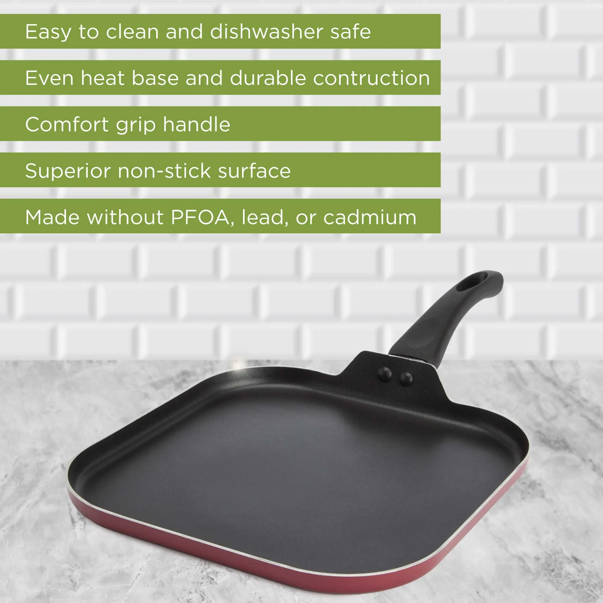 Easy Clean Non-Stick Griddle Pan, 10 Inch, Red - Ecolution