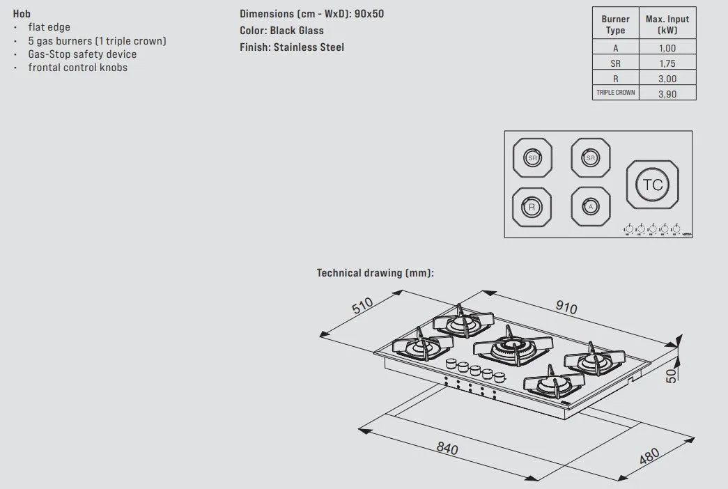 Lofra Marte 90 HGB950 White Glass 5 Burner Gas Hob 90cm