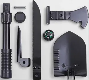 Multi Purpose Camp Tool W/Shovel, Saw, Pick, Hatchet, Hammer & Compass