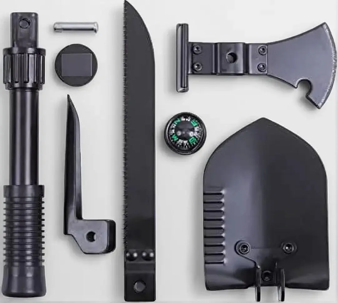 Multi Purpose Camp Tool W/Shovel, Saw, Pick, Hatchet, Hammer & Compass