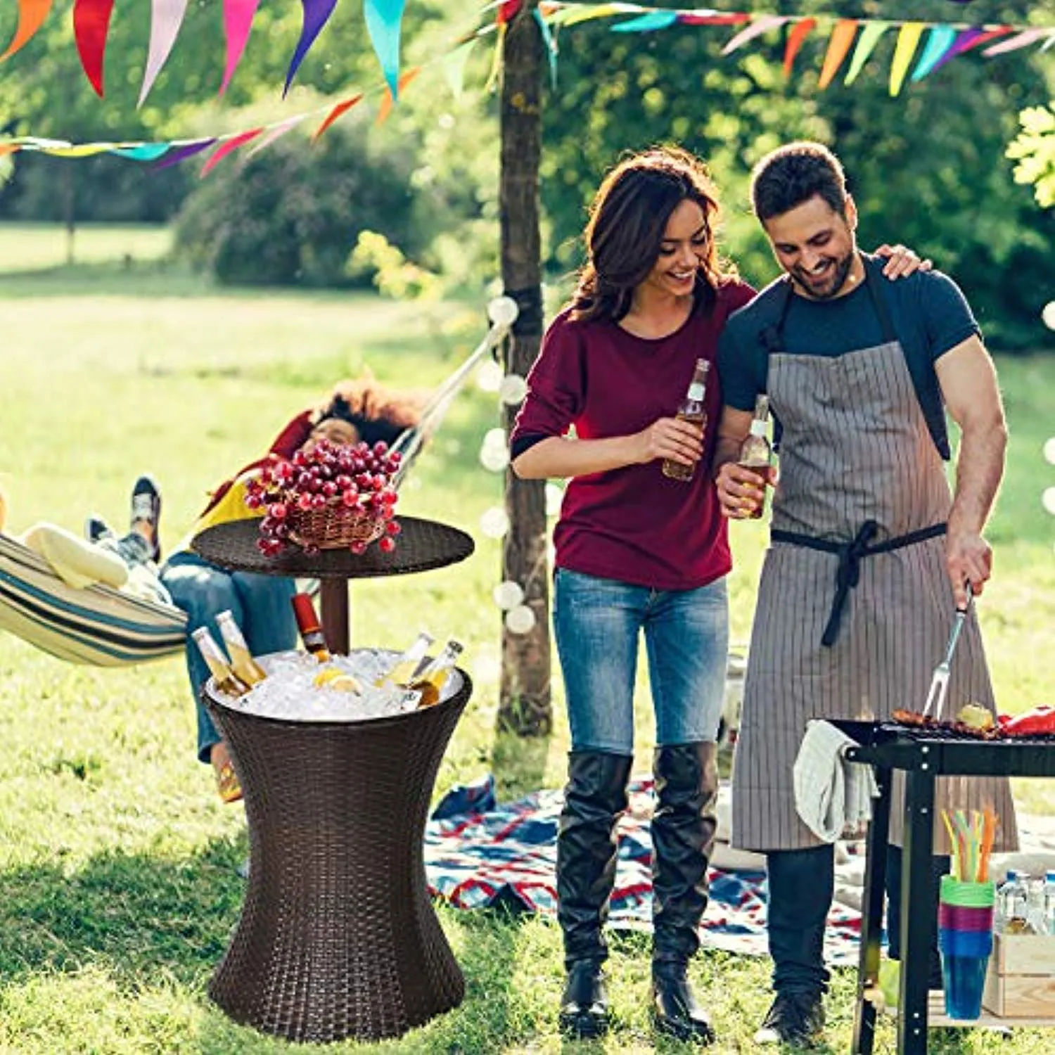 Outdoor Cool Bar Rattan Style Patio Cool Bar Table Adjustable Height