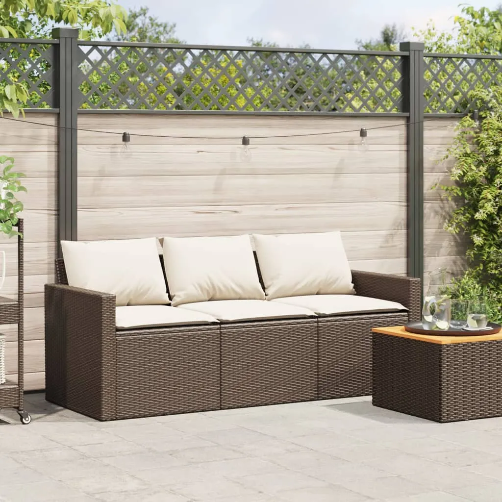 Patio Sofa with Cushions 3-Seater Brown Poly Rattan