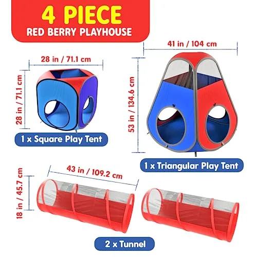 Playz 4pc Kids Pop Up Play Tent and Kids Play Tunnel for Toddlers, Babies, Kids, Girls & Boys Indoor & Outdoor Playhouse Bundle, Kids Tunnel Tent with Storage Bag, Red & Blue