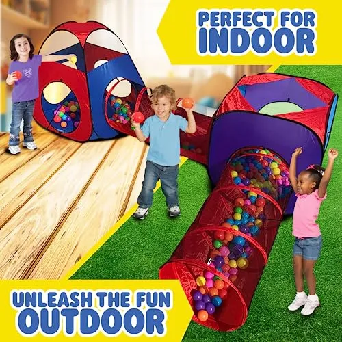 Playz 4pc Kids Pop Up Play Tent and Kids Play Tunnel for Toddlers, Babies, Kids, Girls & Boys Indoor & Outdoor Playhouse Bundle, Kids Tunnel Tent with Storage Bag, Red & Blue