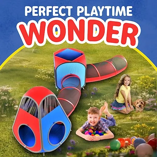 Playz 4pc Kids Pop Up Play Tent and Kids Play Tunnel for Toddlers, Babies, Kids, Girls & Boys Indoor & Outdoor Playhouse Bundle, Kids Tunnel Tent with Storage Bag, Red & Blue