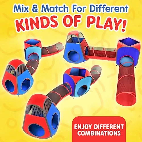 Playz 4pc Kids Pop Up Play Tent and Kids Play Tunnel for Toddlers, Babies, Kids, Girls & Boys Indoor & Outdoor Playhouse Bundle, Kids Tunnel Tent with Storage Bag, Red & Blue