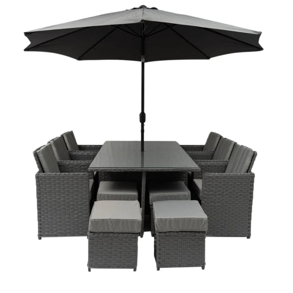 Rosen 10 Seater Rattan Cube Garden Dining Set With Parasol In Grey