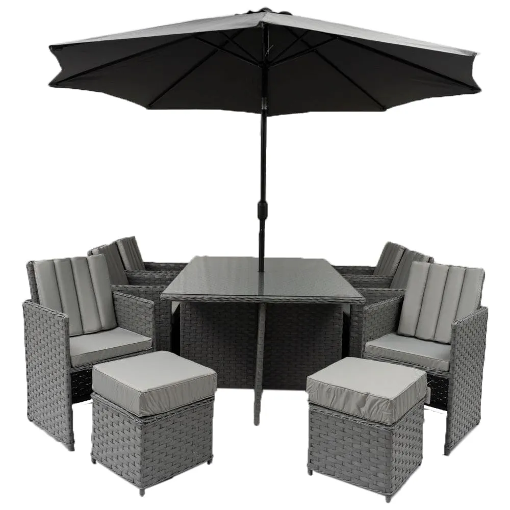 Rosen 10 Seater Rattan Cube Garden Dining Set With Parasol In Grey