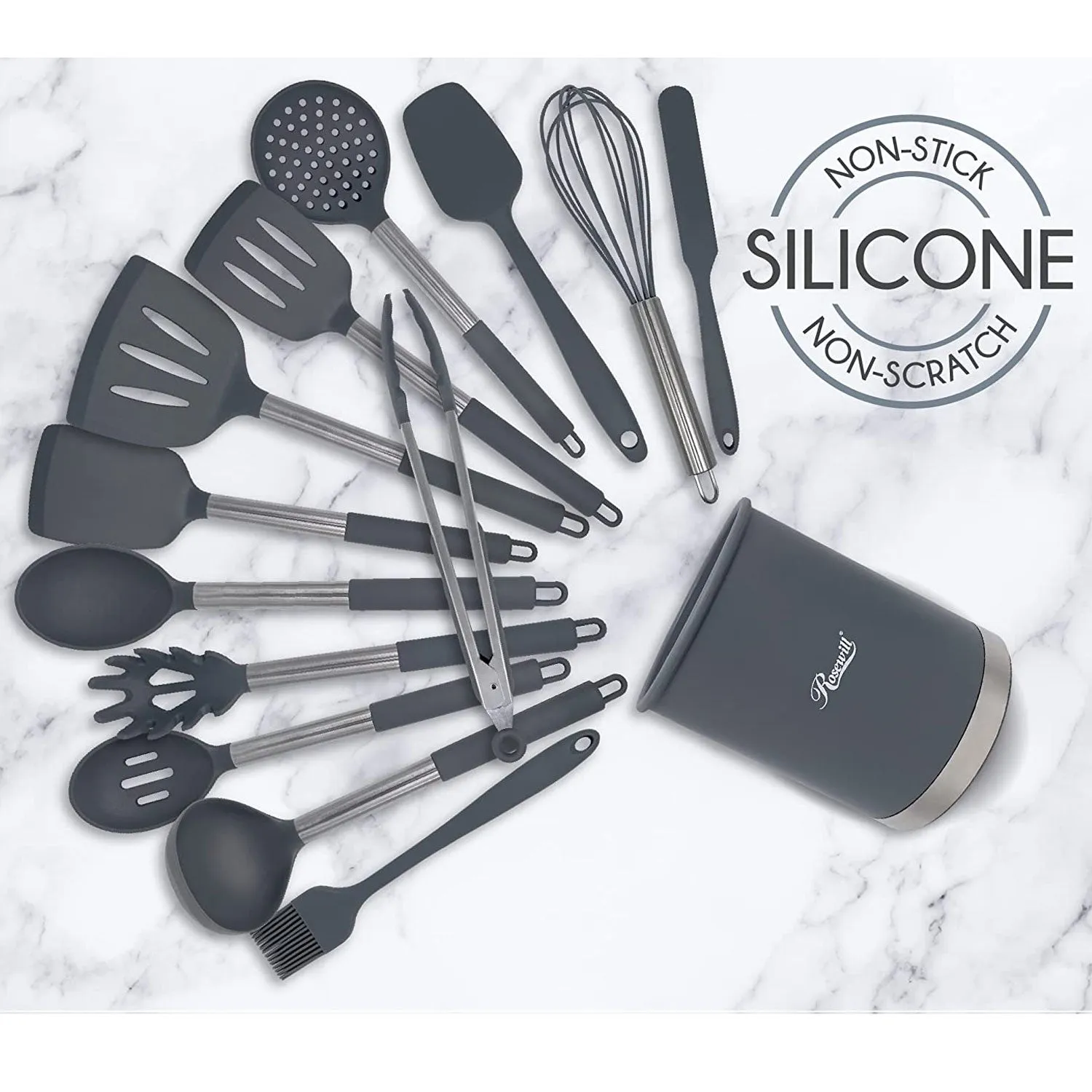 Rosewill Kitchen Silicone Cooking Utensil Set | High Heat Resistant Spatulas, Spoons, Ladle, Tongs With Stainless Steel Handle, Draining Holder | 14-Piece, Food Grade, Dishwasher Safe (RHKU-21001)