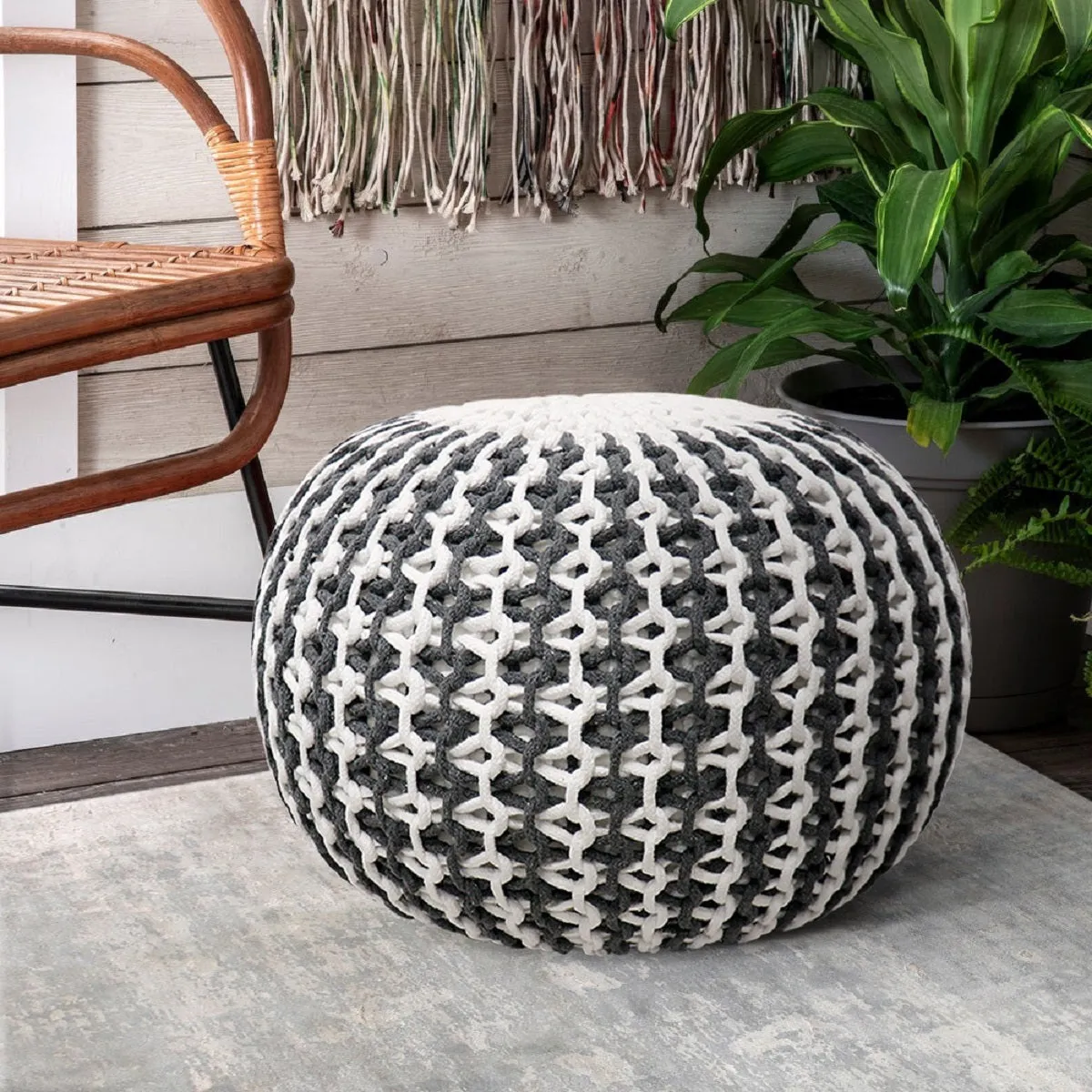 Santorini Cotton Pouf, Ivory & Grey