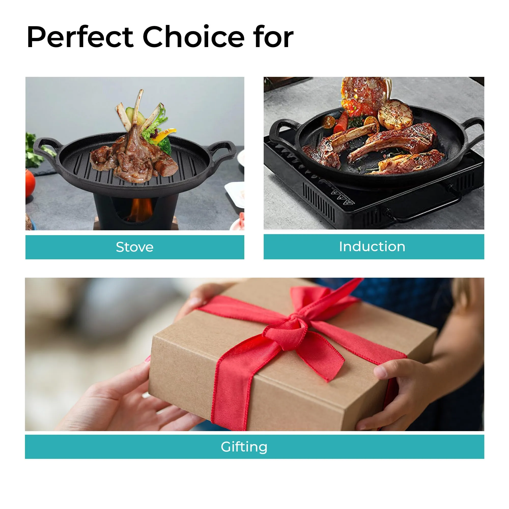 The Better Home Rustic Series Cast Iron Cookware (30cm) | Enamel Coated Grill Pan Cast Iron | Cast Iron Skillet |Gas Grill Tawa | Rust Proof Iron Egg Fish Fry Pan | Gas & Induction Friendly (Black)