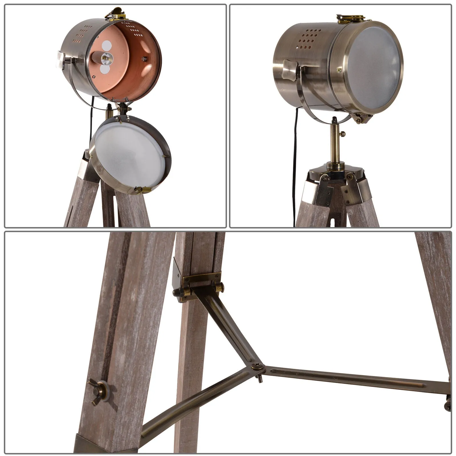 Vintage Tripod Spotlight Floor Lamp Adjustable Height Spotlight Lamps Copper Finish Pine